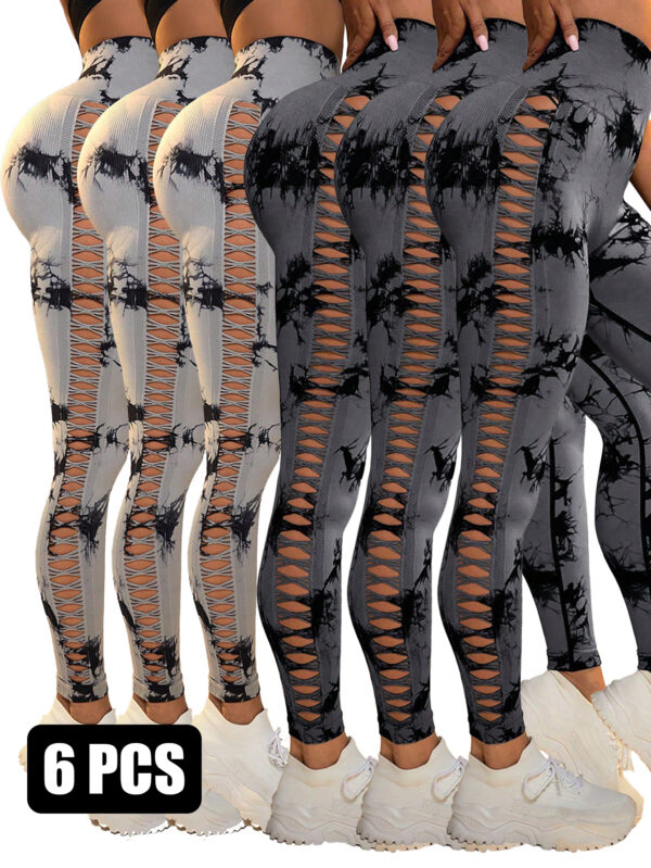 6Pcs Tie-dye Cut-out Leggings Women's Yoga Pants - Image 6