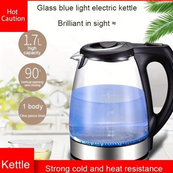 Electric Kettle With Stainless Steel Filter And Inner Lid, 1200W Wide Opening 1.7L Glass Tea Kettle & Hot Water Boiler Black - Image 3