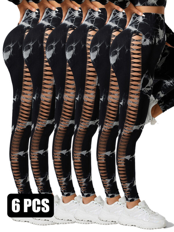 6Pcs Tie-dye Cut-out Leggings Women's Yoga Pants - Image 7