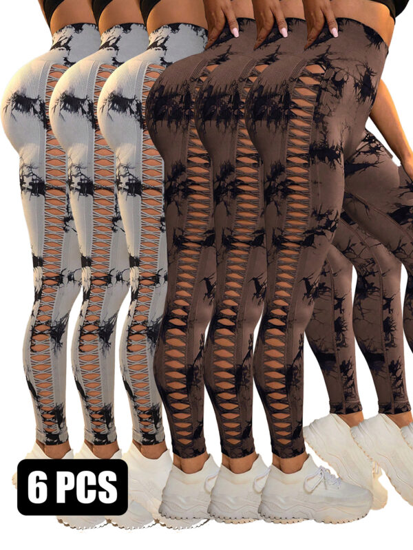 6Pcs Tie-dye Cut-out Leggings Women's Yoga Pants - Image 8