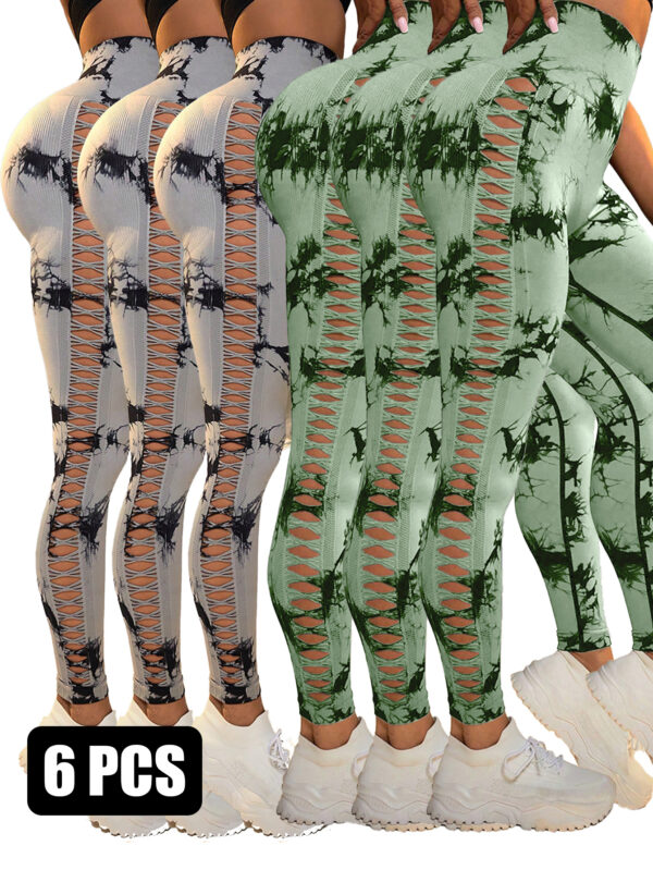 6Pcs Tie-dye Cut-out Leggings Women's Yoga Pants - Image 3